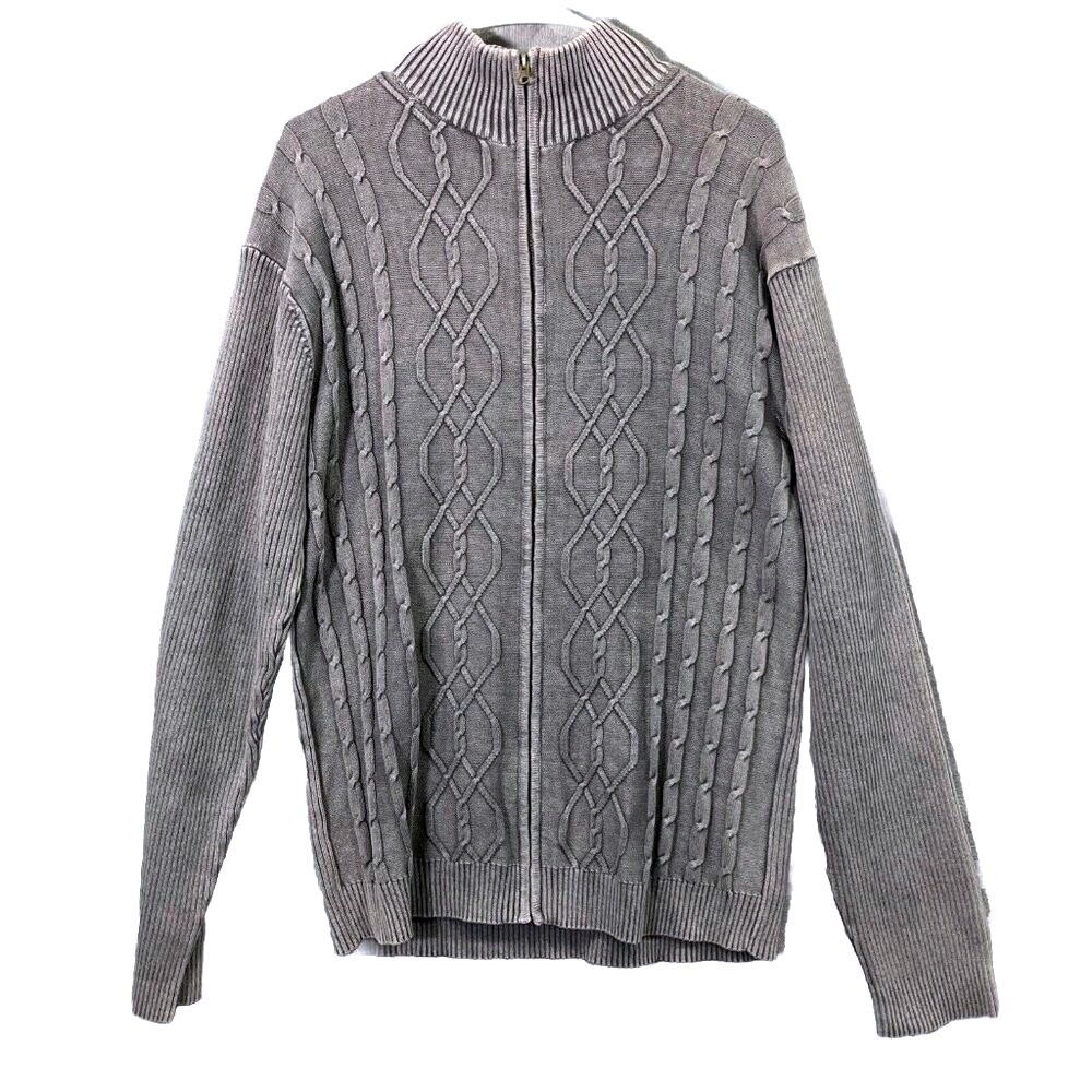 Park Slope Full Zip Sweater Men XXL Gray Cable Knit Cardigan Vintage Wash Rustic
